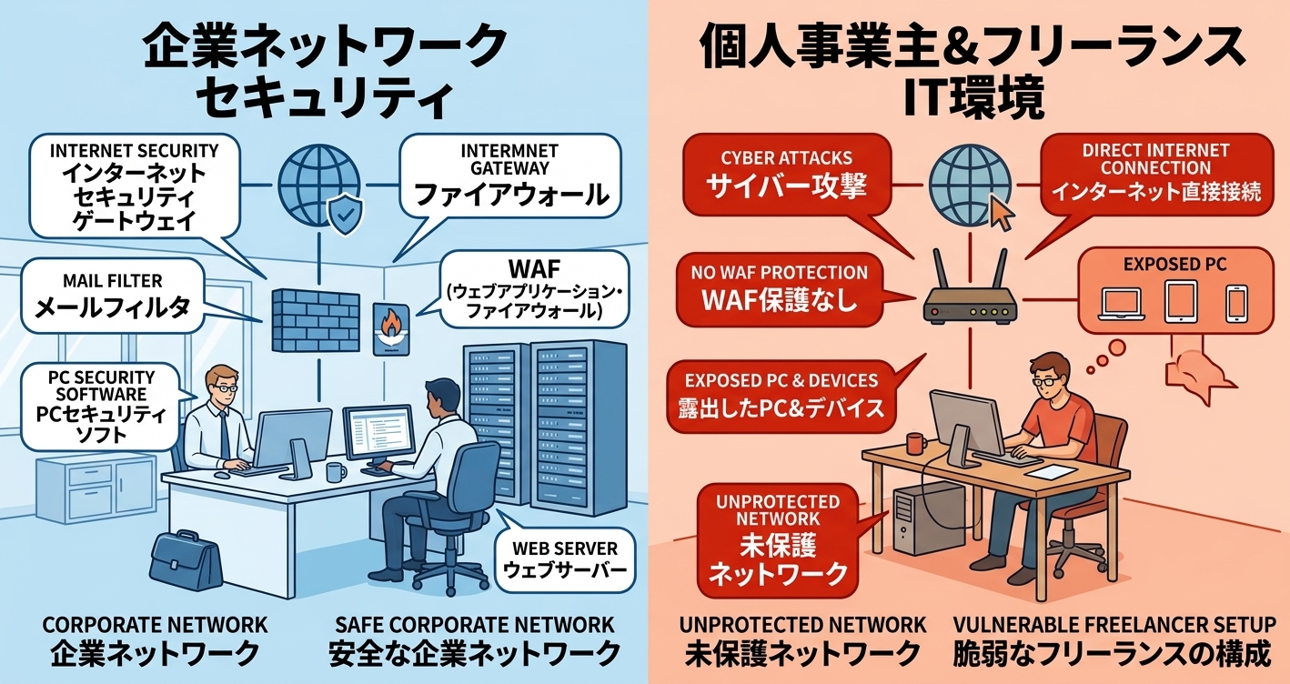 企業ネットワークと個人事業主IT環境の防御構成の違いを示す構成図
